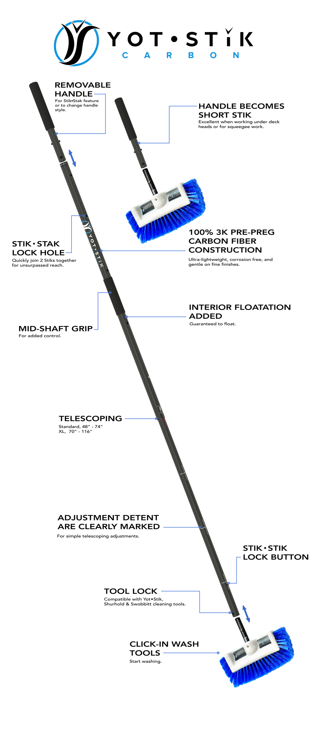 Insanely Lightweight, Adjustable / Telescoping Pre-Preg 3k Carbon Fiber. YotStik Standard, Median, & XL.