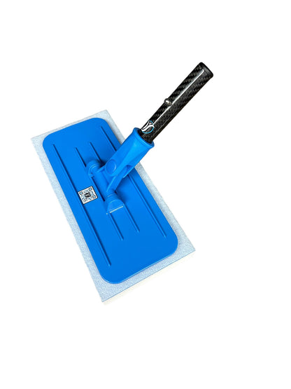 Blue doodlebug tool with a black handle on a white background