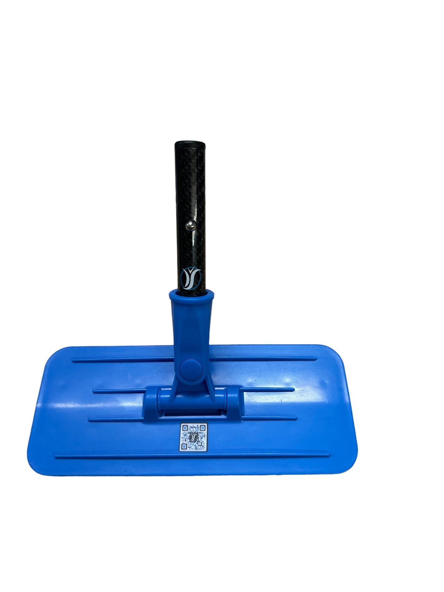 Blue floor cleaning tool with black handle on a white background