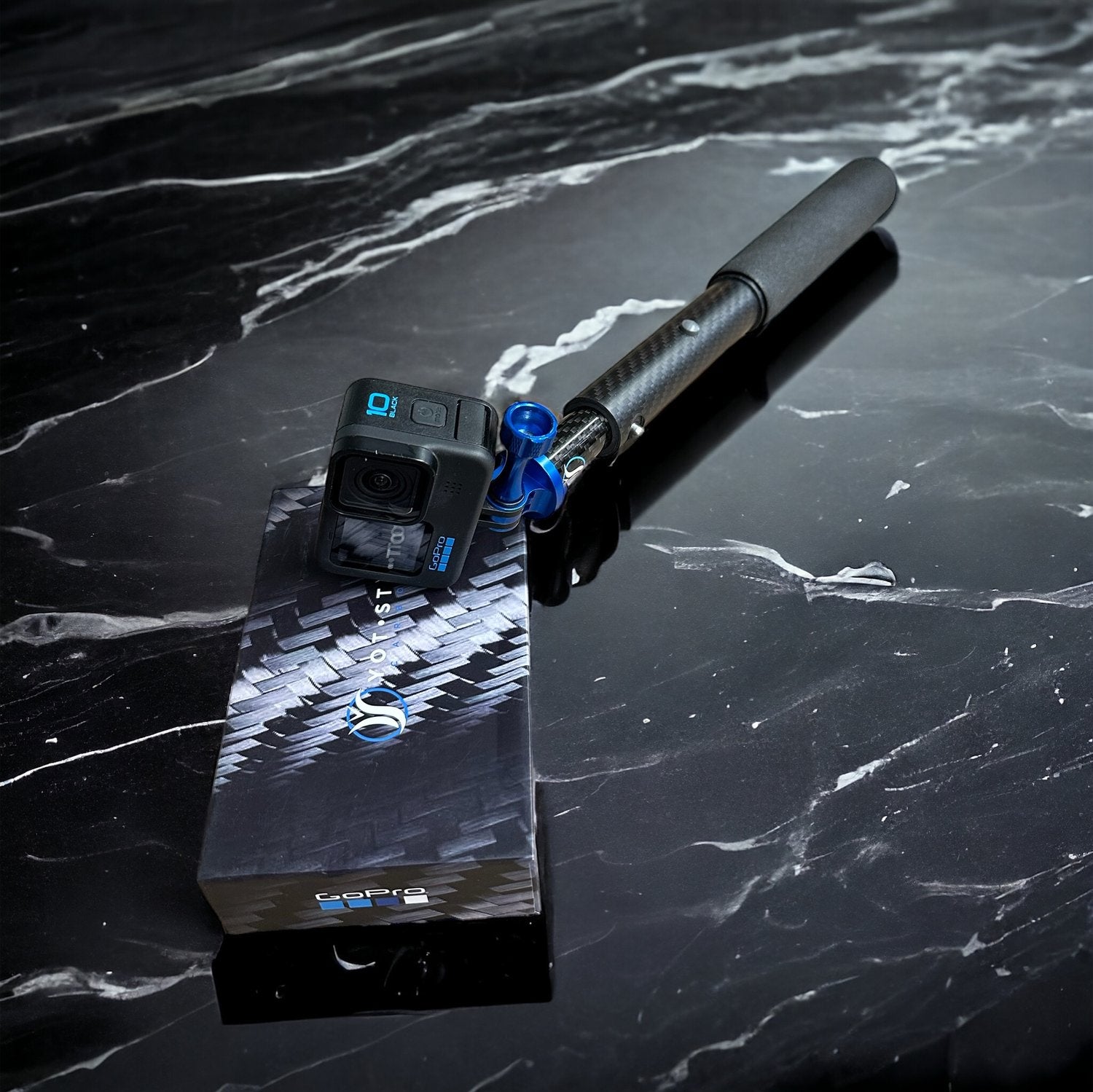 Our new adapter, gives you seamless GoPro integration to your Yot•Stik. Of course we’ve bumped it up a notch by doing it in 3k Carbon Fiber
