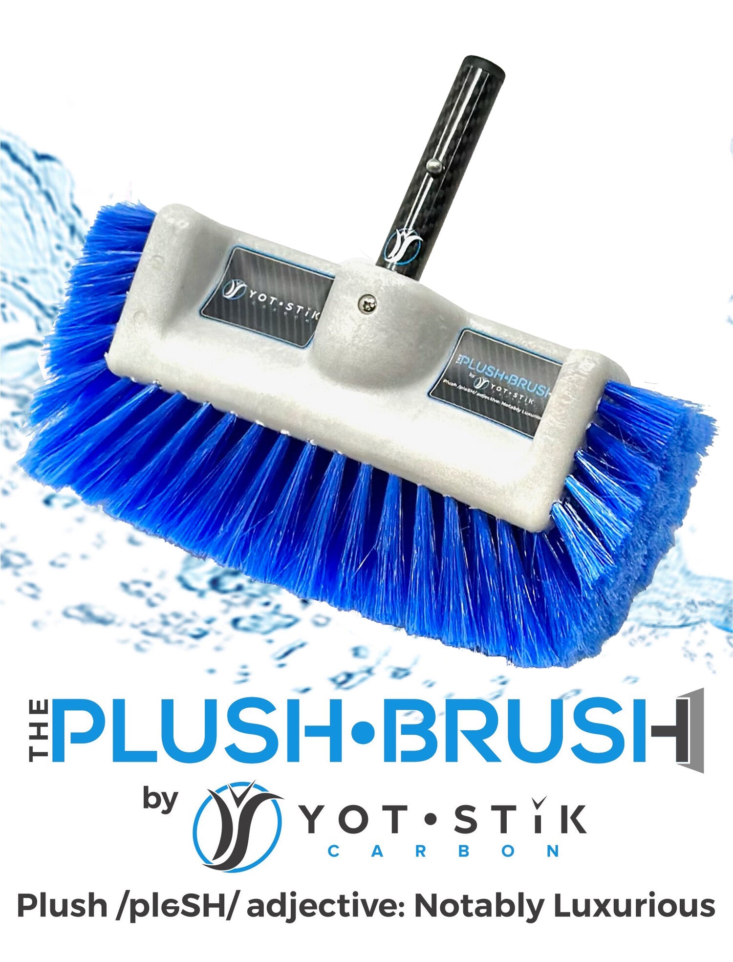 Blue plush brush with white handle on a white background, featuring the Yot Stik Carbon branding.