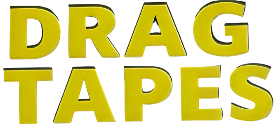 Yellow text 'DRAG TAPES' with black outlines on a white background
