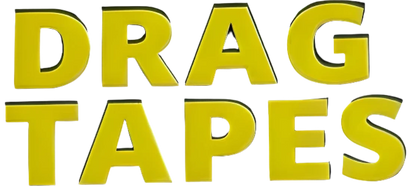 Yellow text 'DRAG TAPES' with black outlines on a white background